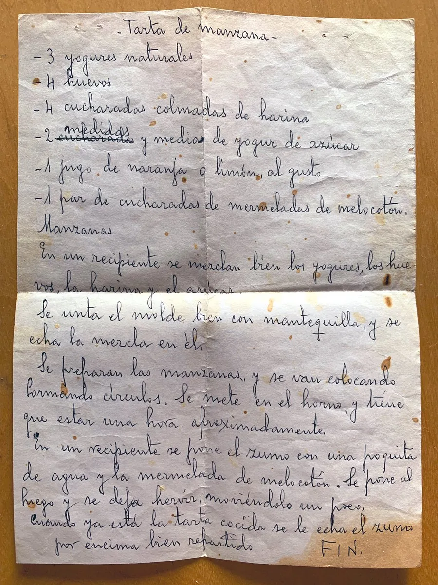 Receta escrita a mano, doblada y manchada por el uso en cocina