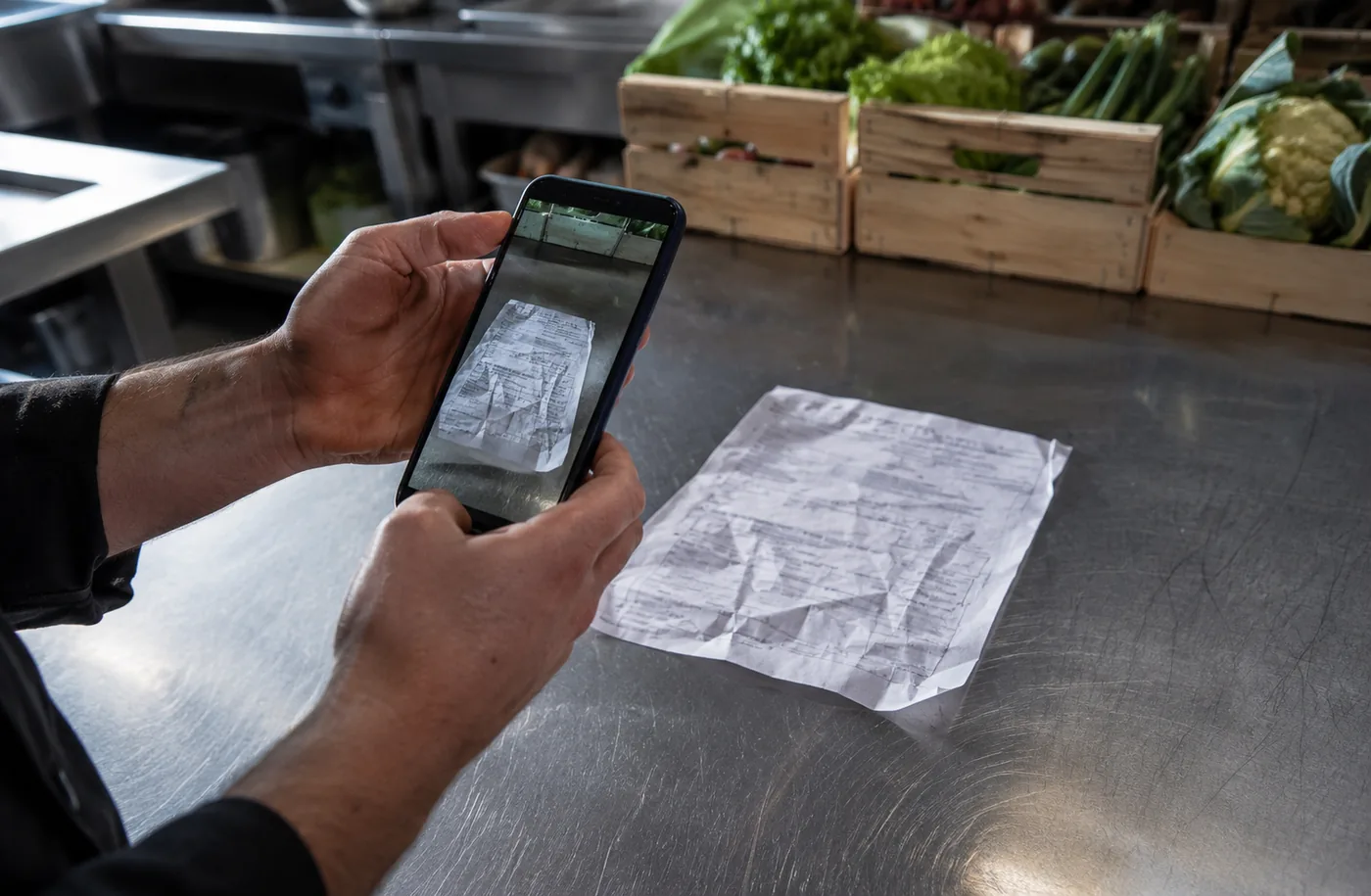 Un cocinero fotografía con el móvil un albarán de papel sobre la mesa de acero